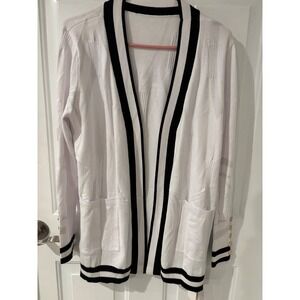 LOMON White Open Front Cardigan Black Trim Gold Buttons Sz M Nautical Casual